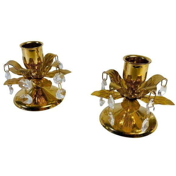 Fancy Hollywood Gold Tone Candlestick Holder Set Chandelier Crystal Dangling Pri - Picture 8 of 11